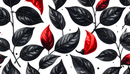 Repeating pattern of glossy black leaves with sporadic red accents on a dark base