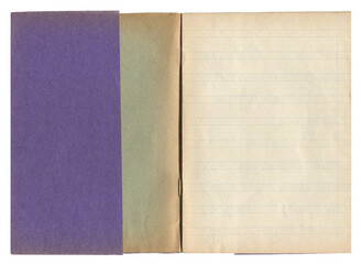 Vintage open school notebook with dusty lavender cover and lined aged paper on white