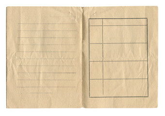 vintage notebook ledger page with blank lines and tables on aged brown paper isolated