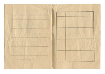 vintage notebook ledger page with blank lines and tables on aged brown paper isolated