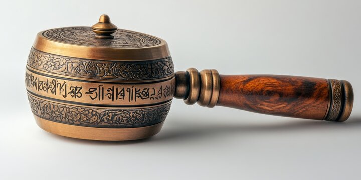Tibetan prayer wheel resting on white background with om mani padme hum mantra