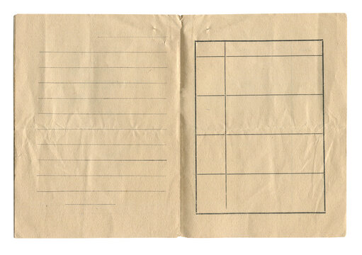 vintage notebook ledger page with blank lines and tables on aged brown paper isolated