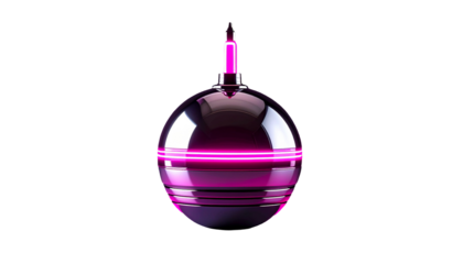 Glossy, spherical object with magenta neon accents on black