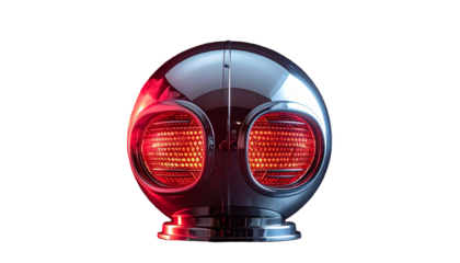 Chrome orb with red eyes, set against black, evokes sci-fi, and intrigue
