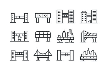 Skybridge Icon Set. Skybridge. Line icon set of Skybridge: elevated walkway, glass bridge, building connector, rooftop bridge, pedestrian skybridge, enclosed