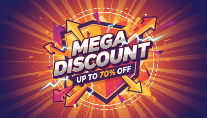 Dynamic promotional graphic announcing a spectacular mega discount, featuring bold 3D typography and energetic abstract elements on a vibrant radiant background