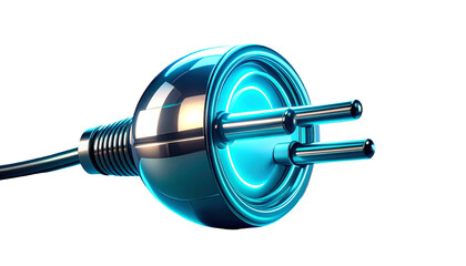 Futuristic, shiny, metallic electric plug with glowing neon blue light