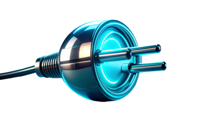 Futuristic, shiny, metallic electric plug with glowing neon blue light