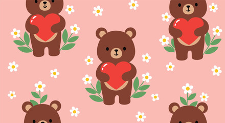 Obraz premium An adorable and sweet seamless pattern of cute brown teddy bears holding red hearts, surrounded by little white daisy flowers.