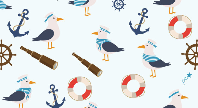 A cute and playful seamless nautical pattern with cartoon seagulls, anchors, lifebuoys, and ship wheels on a light background.