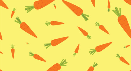 Simple seamless pattern of bright orange carrots with green tops scattered randomly across a vibrant yellow background, a healthy food concept.