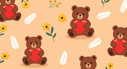 Fototapeta premium Sweet seamless pattern featuring cute brown teddy bears holding large red hearts, surrounded by yellow flowers and white feathers on a peach background.
