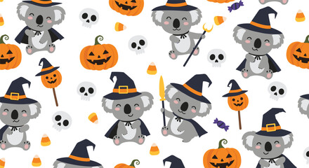 Obraz premium Cute Halloween seamless pattern with adorable koalas dressed as witches and wizards, mixed with pumpkins, skulls, and candy on a white background.