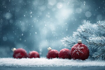 Christmas ornaments with snowy background and frosted fir branches