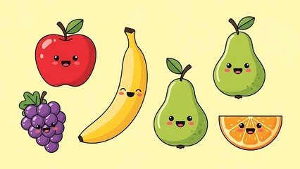 Cute cartoon fruits with smiling faces.
