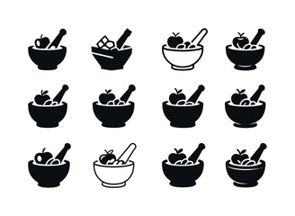 Charoset Logo Variations. Charoset Mixture. Icon set. Set Logo of Charoset Mixture: mortar and pestle mashing ingredients. harmonious logo variations of the