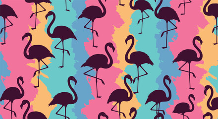Naklejka premium Seamless repeating pattern of dark flamingo silhouettes standing on one leg against a vibrant abstract painted background.