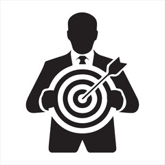 Black and white silhouette of a man in a suit with a target on his chest