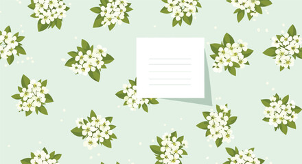 Pretty spring background pattern of white flower clusters on a light green background, with a blank white sticky note for text in the corner.