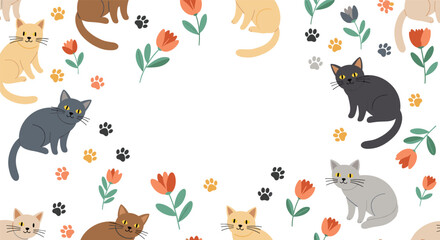 Fototapeta premium Charming frame design with cute cartoon cats, flowers, and paw prints bordering a central blank space for text or images.