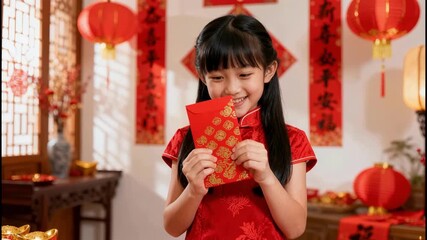 Chinese Girl Holding Red Envelope At Home, Receiving Hongbao From Elder With Shy Smile, Traditional Cheongsam, Red Lanterns, Couplets On Wall, Gold Ornaments On Table, Warm Light And Gentle Atmosphere