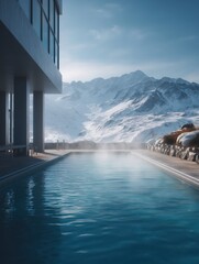 Experiencing luxurious mountaintop relaxation with an inviting steaming infinity pool overlooking vast snow covered landscapes and towering winter mountains