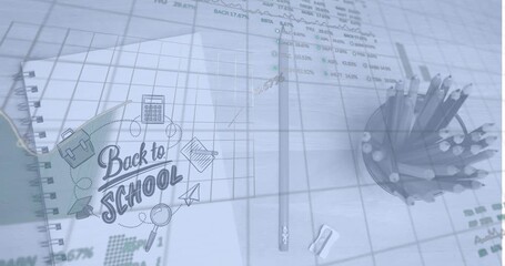 Animation of financial data processing over back to school text and school items - Powered by Adobe