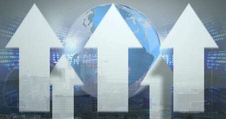Animation of arrow moving upwards, spinning globe and data processing against view of cityscape - Powered by Adobe