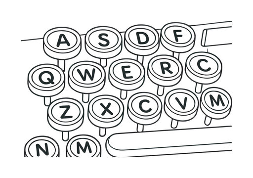 Typewriter Keys Coloring Page. Typewriter keys children?s coloring book illustration, outlined drawing, close-up of simple round keys with bold letters