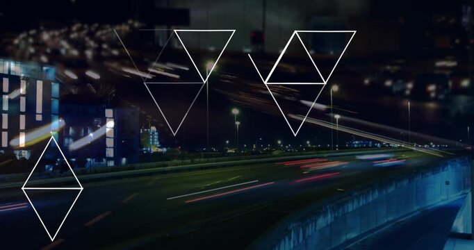Animation of data processing with triangles over cityscape