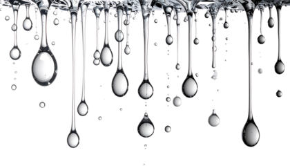 Sequence of falling water droplets forming a trail, evenly spaced, realistic physics, clean composition, isolated on transparent background, minimal design