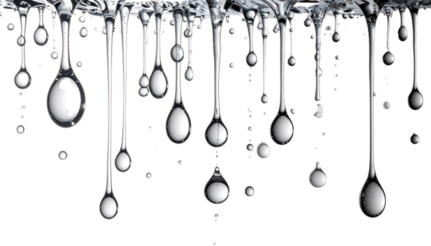 Sequence of falling water droplets forming a trail, evenly spaced, realistic physics, clean composition, isolated on transparent background, minimal design - Powered by Adobe
