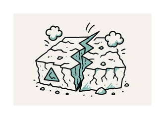 Cracked Earth Doodle. Cracked Ground. Hand-drawn doodle illustration Cracked Ground deep fissure (accented #7cada3), uneven earth, broken soil chunk (accented