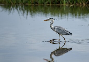 Obraz premium A magnificent grey heron wading through shallow water, hunting fish in a tranquil wetland environment under clear skies ,heron ,standing ,feeding