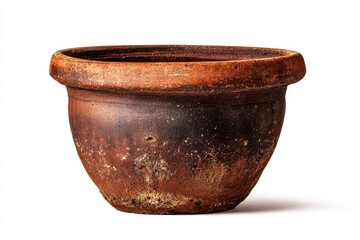 Antique brown clay pot on white background â€” weathered ceramic vessel