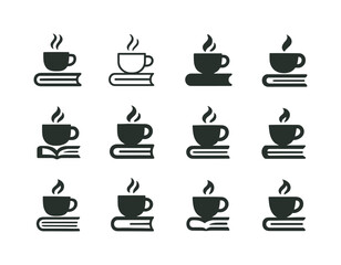 Obraz premium Coffee and Book Logos. coffee and book. Icon set. Set Logo of coffee and book: stacked books. harmonious logo variations of the same emblematic concept, each