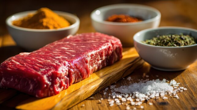 Argentinian-inspired parrilla prep: raw strip loin on a wood board with salt and spice accents