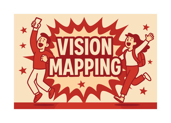 Vision Mapping Explosion. Vision mapping banner, flat vector illustration, bold oversized text inside splash explosion banner, cartoon characters jumping and