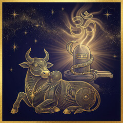Golden Nandi bull and Shiva Lingam with Om symbol and starry sky Hindu mythology