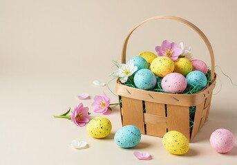 Fototapeta premium A wooden basket filled with brightly colored speckled eggs and pastel spring flowers resting on a light background ready for the seasonal celebration ,festive ,celebration ,invitation