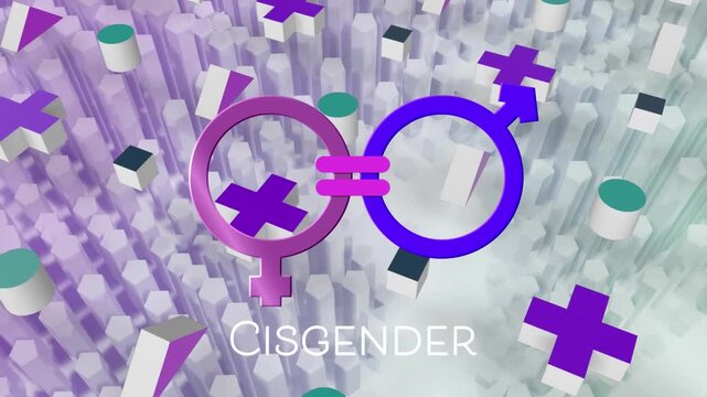 Animation of cisgender text with symbol over plus sign and geometric shapes on abstract background