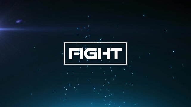 Animation of fight text in rectangle over dots and lens flares against black background