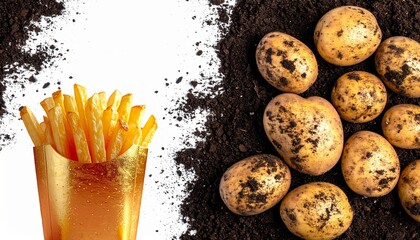 土付きじゃがいもとフライドポテトの対比　generative ai