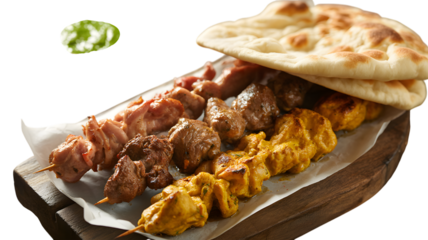 Assortment of grilled meat kebabs served with fluffy naan bread pieces on a wooden platter on transparent background