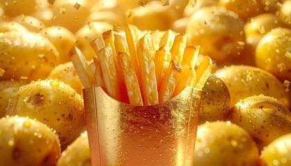 キラキラと光るフライドポテトとじゃがいもの高級ビジュアル generative ai