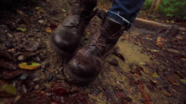 Muddy boots step on wet trail closeup of worn leather boots stomping through puddles and leaf litter, denim cuffs visible, gritty textured ground, autumn