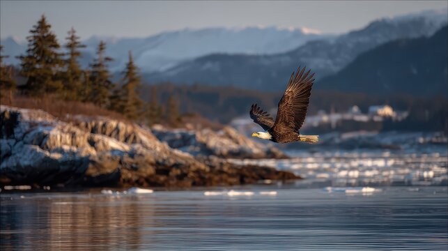 Bald eagle gliding over calm Alaskan waters near Homer
