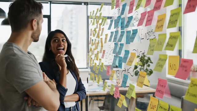 Two people working on a sticky note board