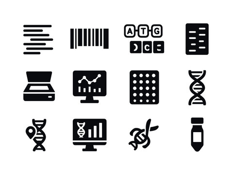 Genome Sequencing Icons. Genome sequencing. Solid icon set of Genome sequencing: sequencing read, barcode strip, codon sequence, electrophoresis band, scanner