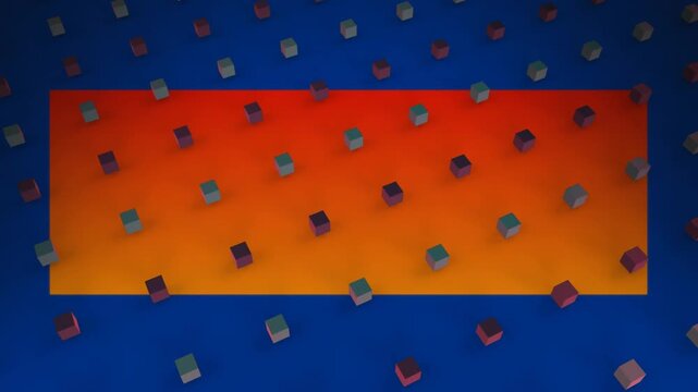Animation of rows of cubes pattern over orange rectangle on blue background